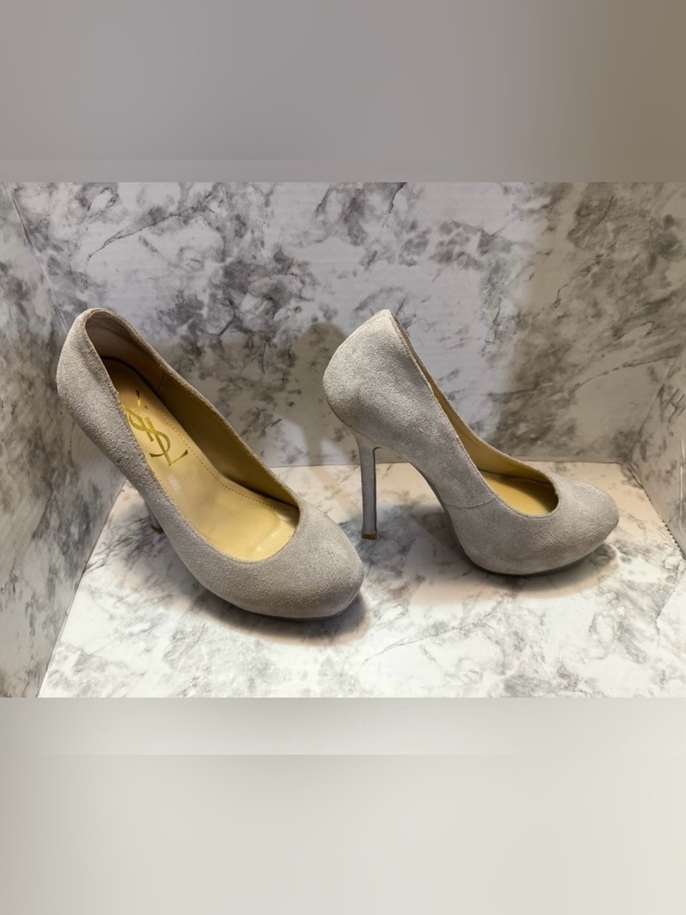Yves Saint Laurent Light Gray Suede Platform Stilettos